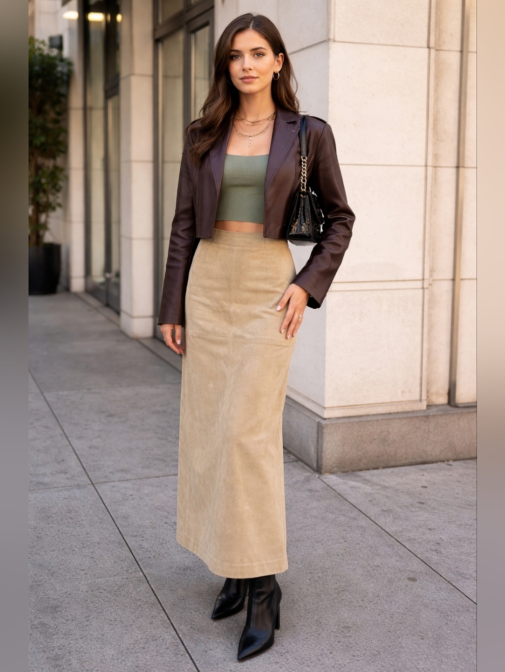 Vintage Lord & Taylor 100% Suede Leather Maxi Skirt Beige/Tan Fully Line Size 10 - Picture 4 of 9